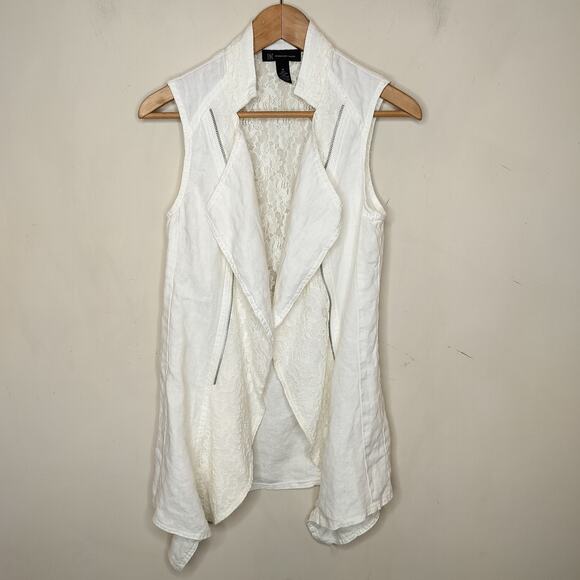 INC International Concept Linen Vest Open Front Lace Trim - Picture 1 of 11